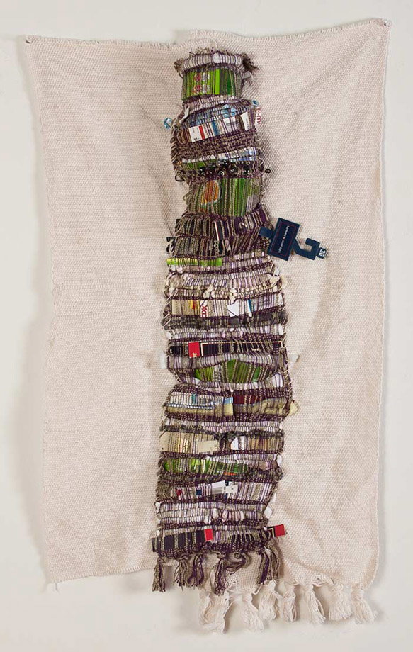 <em>Phyllis, Discarded objects and handwoven fabric, 32x18”, 2012.  </em>