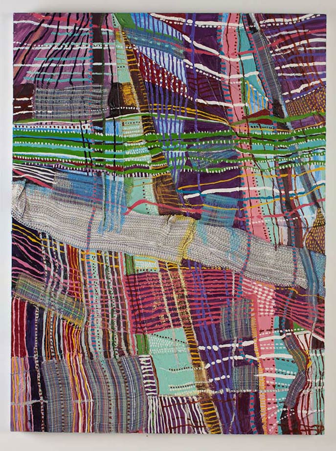 <em>Object of Labor #2, Handwoven fabric, string, and oil on canvas, 48x36”, 2012.</em>