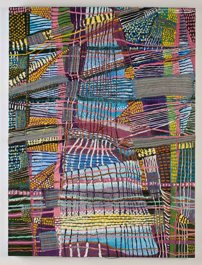 <em>Object of Labor #3, Handwoven fabric, string, and oil on canvas, 48x36”, 2012. </em>