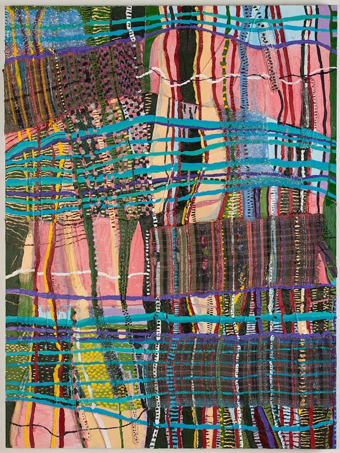 <em>Object of Labor #4, Handwoven fabric, string, plastic pellets, and oil on canvas, 48x36”, 2012.</em> 