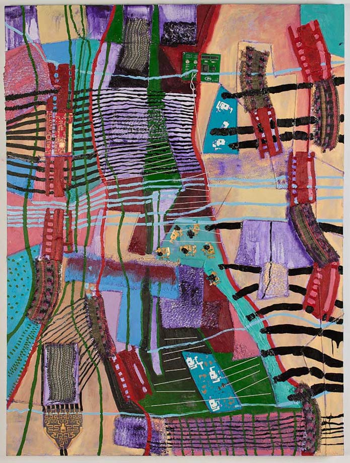 <em>Object of Labor #5, Handwoven fabric, string, circuit boards, and oil on canvas, 48x36”, 2012. </em> 