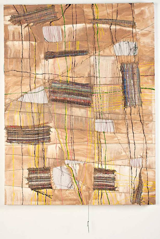 <em>Object of Labor #6, Handwoven fabric, string, needles, and oil on canvas, 48x36”, 2012. </em>