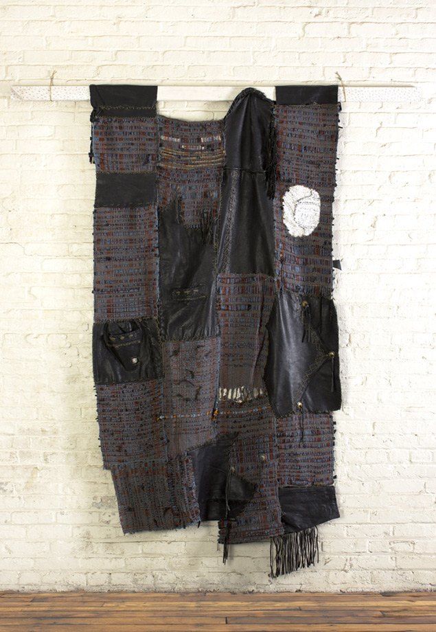 <em>Bernie, handwoven leather jacket and yarn, 83x72”, 2014. </em>