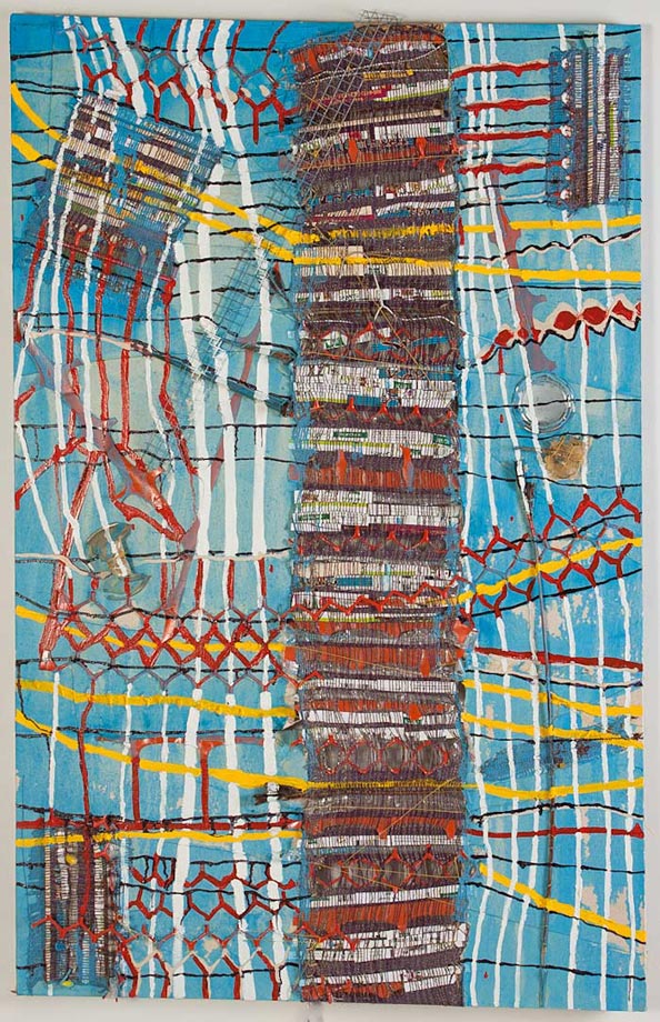 <em>Margot, Discarded objects, handwoven fabric and oil on canvas, 50x32”, 2012. </em>