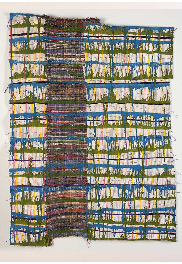 <em>Stacey, Discarded objects, handwoven fabric and oil on canvas, 44x30.5”, 2012. </em>